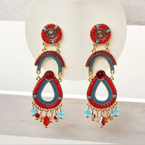 Red & Blue Beaded Gold Tone Boho Bali Dangle Earrings
